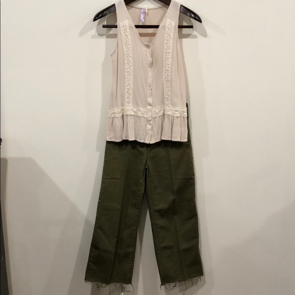 Olive Flare Jeans and Cream Blouse Outfit